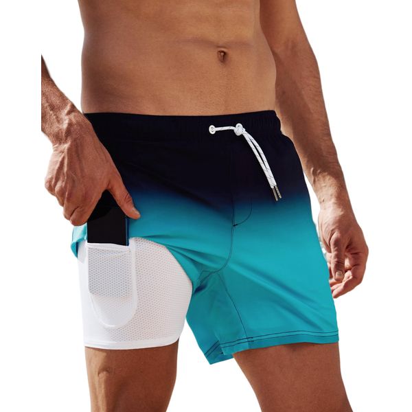 Arcweg Herren Badehose Badeshorts mit Kompression Liner 2 in 1 lässige Swim Shorts Kurz 5.5" Schnelltrocknend Boardshorts Strandshort mit Reißverschlusstasche Schwarz-Blauer Farbverlauf XL（EU）