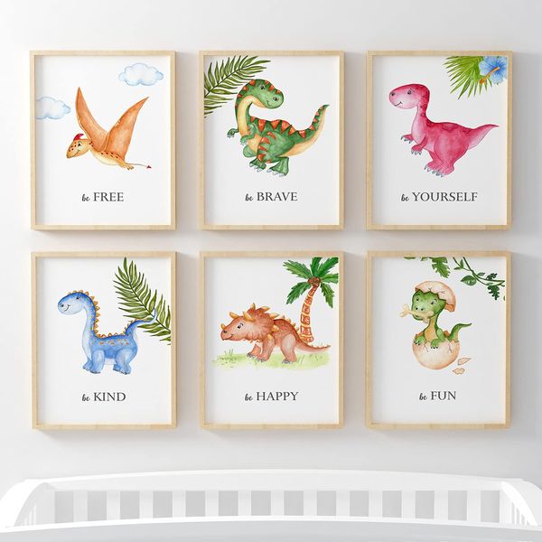 Pompom Prints® Dinosaur Boys Room Nursery prints, Dino Wall Art Picture Prints - [Picture Frames NOT Included] - Set of 6 (A4)