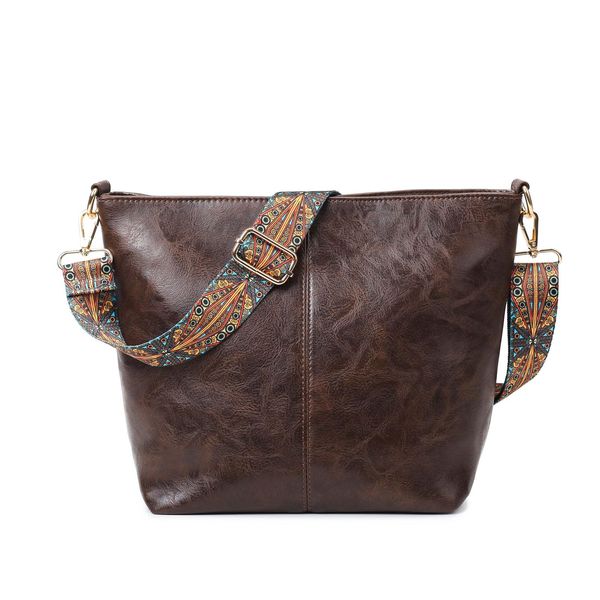 HAIWILL Women's Large Crossbody Bag with Wide Strap, Leather Hobo Bag, Shopper Bag, Retro Shoulder Bag, Handbag for Everyday, Office, School Trips and Shopping, Medium Coffee