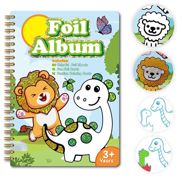 RONIAVL Foil Art Kit for Kids Fun Foil Craft Animals Dinosaurs Foil Art Coloring Kits for Kids Ages 4-8 Creative Travel Activities Birthday Gift Arts and Crafts Kits for Kids Girl Boy