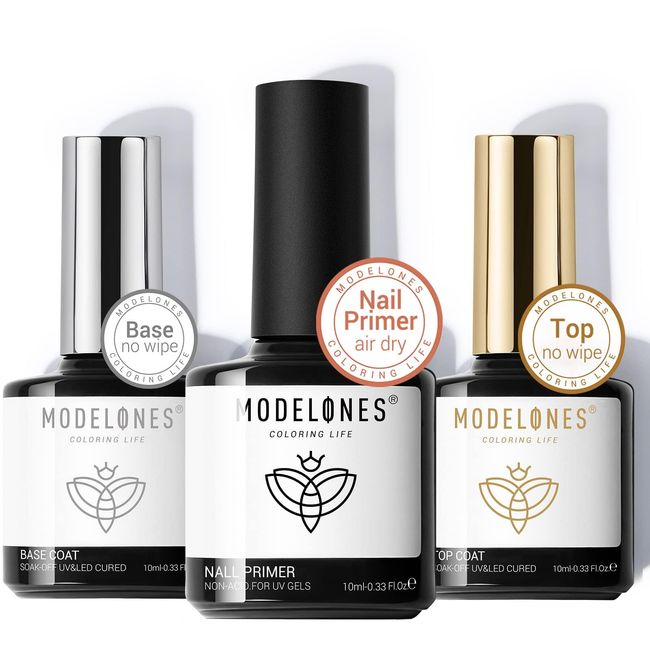 Modelones Top Coat, Base Coat, Primer, No Wiping Required, UV and LED Compatible, Less Pungent, Long Lasting, Transparent, Set of 3, For Beginners, 0.3 fl oz (10 ml)