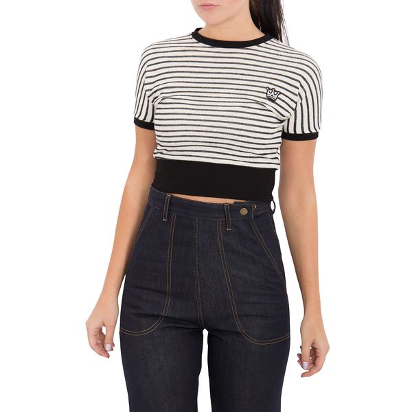Queen Kerosin Women's Cropped Pullover with Stripes, Crew Neck, Short Sleeve, Crew Neck Jumper, Slim Fit, Striped Ribbed Cuffs, cream