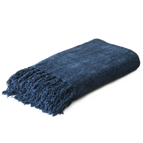 Yoenillo Navy Chenille Throw Blanket for Couch Bed，Soft Cozy Throw Blanket with Handmade Fringe, Decorative Blanket for Sofa Chair Living Room for Gift,Navy 50" x 60"