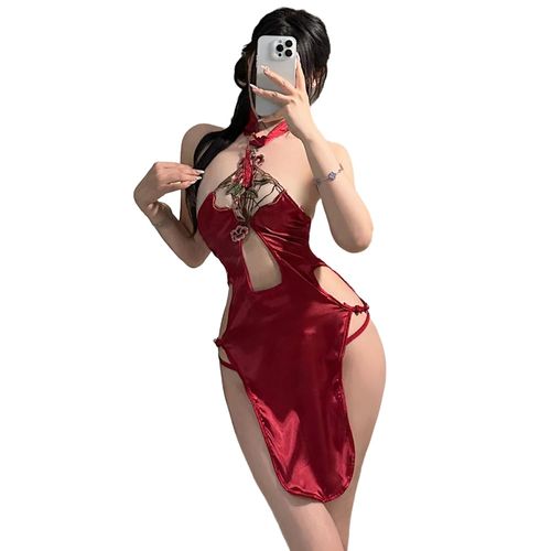 RPFLQ Sexy Cheongsam Dress, Red Etch, Extreme Babydoll, Lingerie, Dress, Mini Skirt, Flower, See-through, Slit, T-back, Women's Costume, Cute, MoE, 2-Piece Set, red