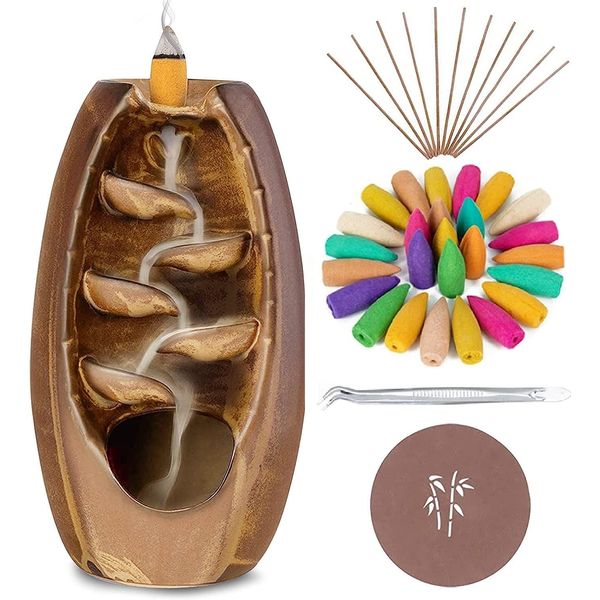 Anbar Backflow Incense Burner with 120 Cones, 30 Sticks, Tongs, and Table Mat, Natural Aromatherapy with Ceramic Smoke Waterfall, Supports Meditation and Relaxation, Home Decor (Brown)