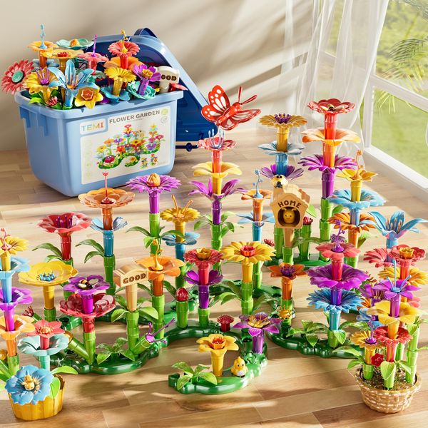 TEMI 138 PCS Flower Garden Building Toys for Girls Toys, Educational STEM Toy and Preschool Garden Play Set for Toddlers 3 4 5 6 7 Year Old Kids Boys Girls, Flower Stacking Toys for Kids Age 3-8