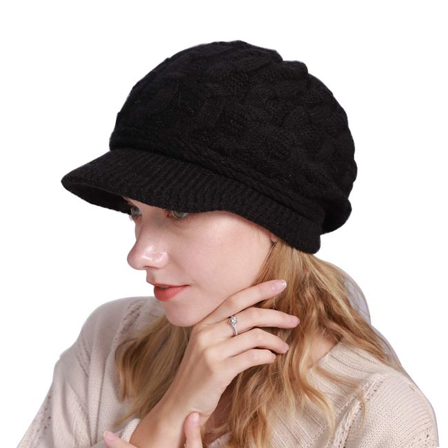 Knit Hat with Brim Boa Back Cap Women's Small Face Effect Cold Protection Warm Up to Ears Casual Autumn Winter Hat