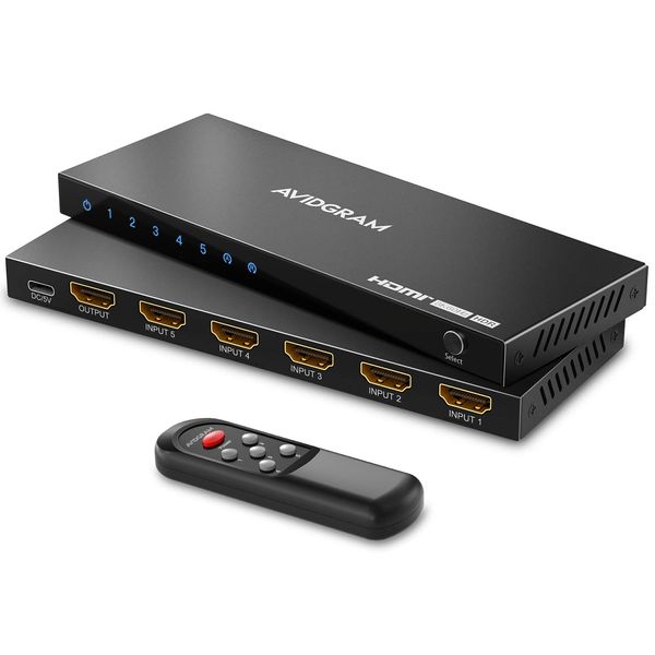 HDMI 2.1 Switch 4K 120Hz, AVIDGRAM 8K HDMI Umschalter 5 In 1 Out mit IR-Fernbedienung, HDMI Switcher 5 Port Auto Selector Hub Unterstützung 8K 60Hz 48Gbps VRR HDCP2.3 HDR10 für Xbox Series X PS5