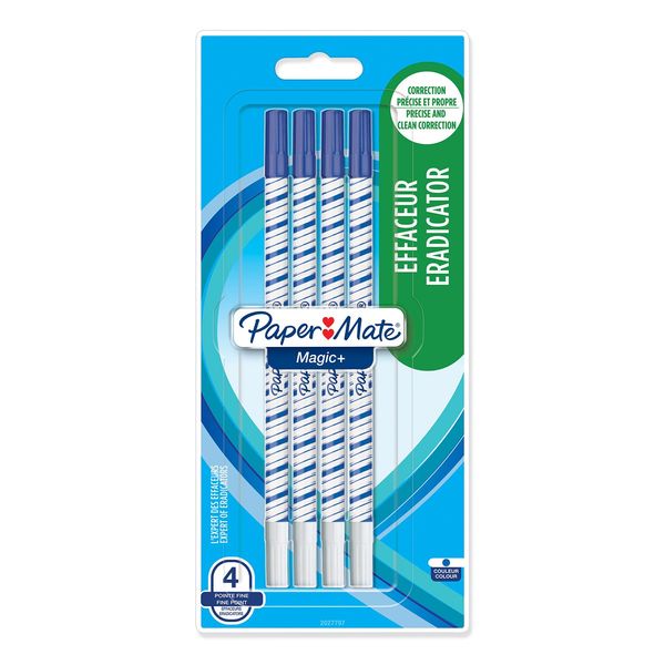 Paper Mate Magic+ Erasable Pen + Eradicator | Fine Point | Blue | 4 Count