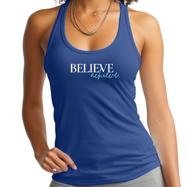 Womens Fitness Tank Top Graphic T-shirt Believe and Achieve - Royal Blue / L