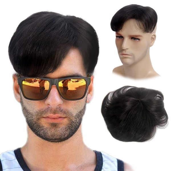 H&Bwig toupee for men,Men Short Toppers Hairpiece with toupee tape,Clips in Hair Extensions for Covering White Loss Hair, Glueless (Black #2)