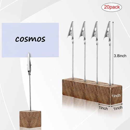 20 Pieces Place Card Holder Cube Photo Clips Holder with Alligator Clip Wood Base Memo Table Number Holder Card Display Stands for Office Menu Wedding Party Events Decoration(Wood Color)