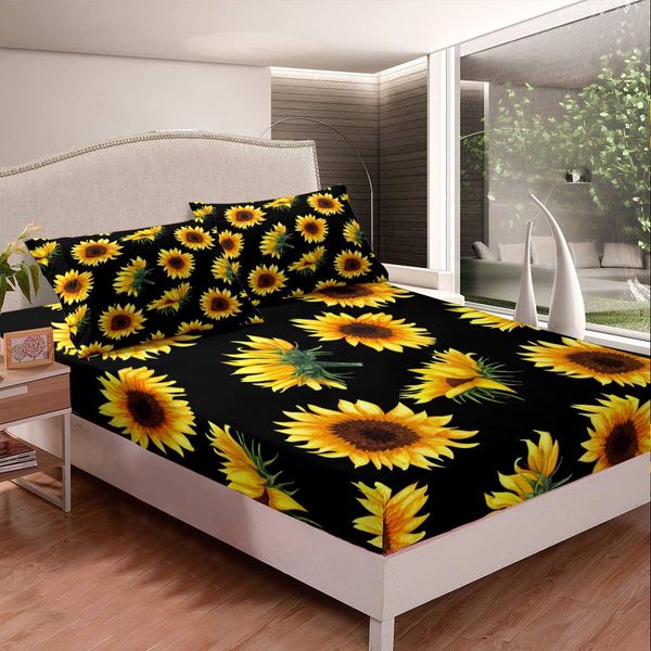 Feelyou Sunflower Bed Sheets Yellow Floral Sheet Set Botanical Bedding Deep Pocket Flowers Fitted Sheet Full Size Includes 1 Sheets & 2 Pillowcases (No Flat Sheet)