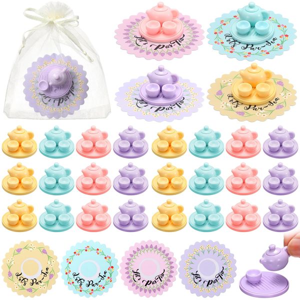 Rotatingpals 24 Sets Tea Party Favors Mini Teapots Teacups Set Tea Christmas Gift Resin Figures with Cards 4 Colors for Kids Carnival Prizes Tea Themed Birthday Party Supply