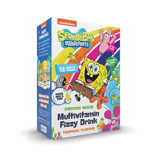 SpongeBob SquarePants Multivitamin Fizzy Drink with 12 Essential Vitamins, Tropical Flavour, Vegan, No Added Sugar, for 2-7 Year Olds Pack of 10 Sachets