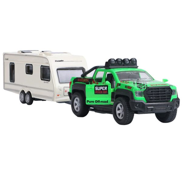 Pickup Truck Trailer Towing Toy Camper 2 in 1 Playset RV Motorhome Toys for Boys Diecast Model Car Metal Pull Back Toy Cars 1/36 Scale SUV Doors Open Light Sound Kids Birthday Gifts, Green