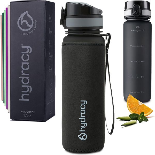 Hydracy Water Bottle with Time Marker - 500 ml 17 Oz BPA Free Water Bottle - Leak Proof & No Sweat Gym Bottle with Fruit Infuser Strainer - Ideal for Fitness or Sports & Outdoors - Space Grey