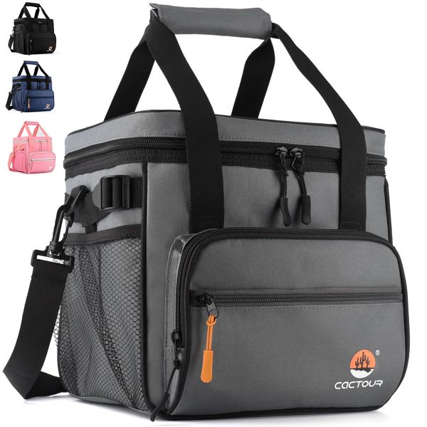 CaCTOUR Large Lunch Bag for Men - Insulated Mens Lunchbox for Work Office Picnic 24-Can (15L) Collapsible & Leakproof Cooler Bag with Adjustable Shoulder Strap for Adults （Gray）