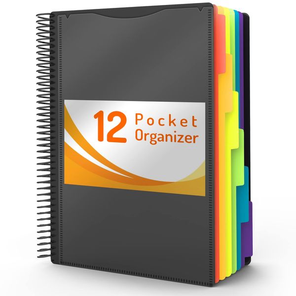 12 Pocket Project Organizer, Forvencer 1/6-cut Tab Binder Organizer with Sticky Labels, Multi Pocket Folder with Zipper Pouch, Folder Binder Spiral Pocket Notebook, Office Supplies, Letter Size, Black