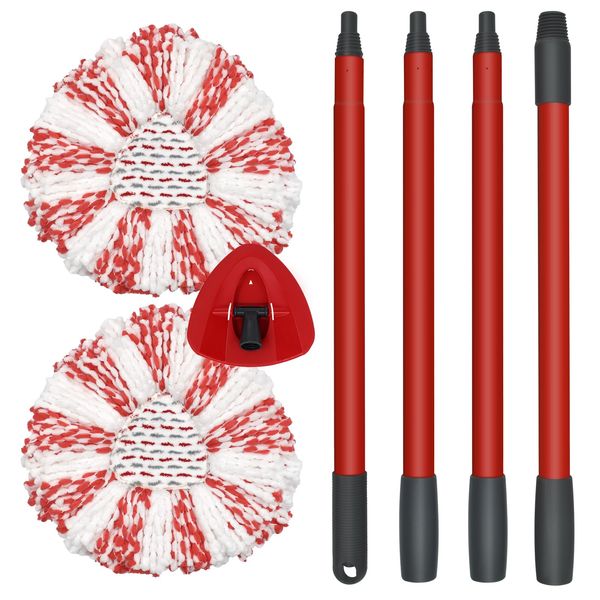 DLAIMI 2 PCS Mop Head Replacement Microfiber+1 PC Red Spin Mop Head Base+1PC 4-Section Handle Compatible with Vileda EasyWring 1-Tank System