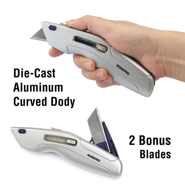 WorkPro Retractable Utility Knife and Self Retracting Safety Box Cutter 2 in 1 with 2 Extra Blades Included