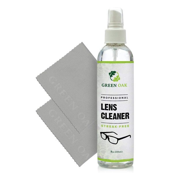 Lens Cleaner Spray Kit – Green Oak Professional Lens Cleaner Spray with Microfiber Cloths – Best for Eyeglasses, Cameras, and Lenses - Safely Cleans Fingerprints, Dust, Oil (8oz)