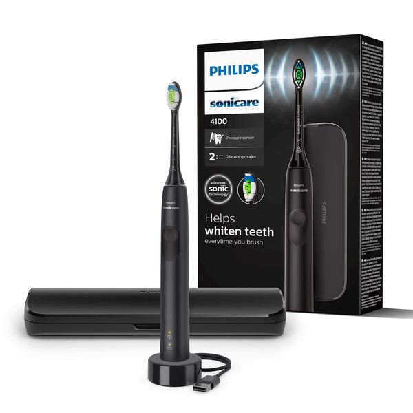 Philips Sonicare 4100 - Philips Sonicare Electric Toothbrush for Adults with 1 x Philips W2 Optimal White Sonic Brush Head in Black, Slim Travel Case and USB Charger (Model HX3683/54)