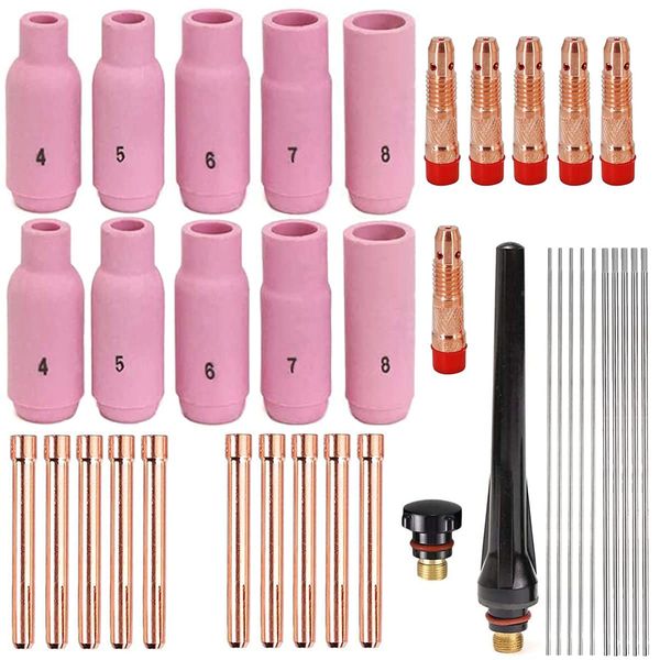 EATBALE 38pcs WIG Schweißbrenner Schweißgerät Zubehör Verschleißteile Gasdüsen Wolframnadel Keramikdüsen Wolframelektroden Set für WP-17 WP-18 WP-26 SR-17 SR-26