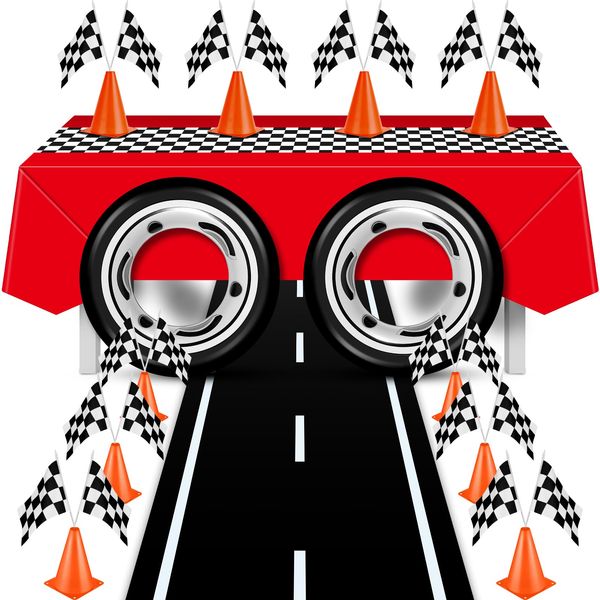 Remagr 24 Pieces Race Car Party Supplies Include Traffic Cones Checkered Flag Race Flags Checkered Tablecloth Race Track Running Mat and Tire Tube Swimming Ring for Car Themed Birthday (Vivid Style)