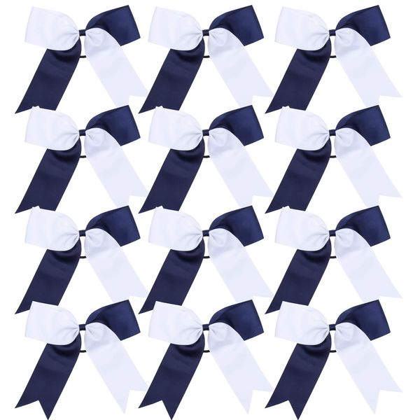 Cheerleading Bow Jumbo Cheer Bows 12 Pcs 7 Inch Ponytail Holder Cheerleader Bows Hair Tie (Navy Blue/White)