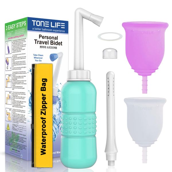 2pcs Menstrual Cup + 2IN1 450ml Women Perineal Douche Perineal Irrigation,15oz Portable Bidet with Water Seal Cap Waterproof Bag