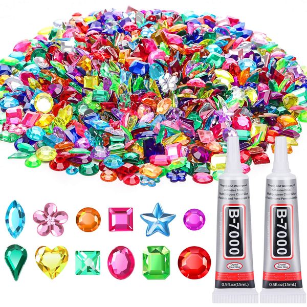 Anezus1200Pcs Craft Gems with 2Pcs B7000 Jewelry Glue, Flat Back Sequins Jewels Embellishments Rhinestones Gemstones for Bedazzling, Decor, Clothing