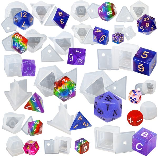 FUNSHOWCASE Rollenspiel Würfel Silikonform Buchstaben Zahlen Epoxidharz Gießformen 20st Set D4 D6 D8 D10 D12 D20 D24