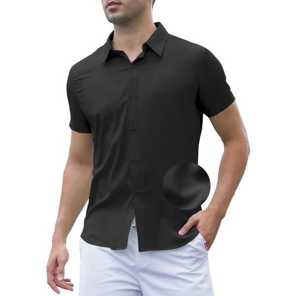 Holure Mens Short Sleeve Shirts Regular Fit Waffle Shirts for Men Casual Vacation Shirt Lightweight Summer Beach Shirt Black-M