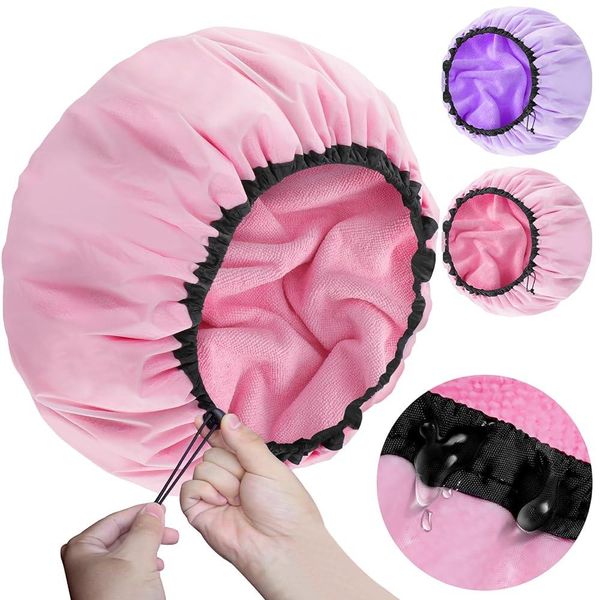 Sheomern Double Waterproof Design Adjustable Terry Shower Cap for Women and Men EVA Double Layer Bath Cap Headband Reusable for Long Hair Dreadlocks 34.3cm (13.5 inches)