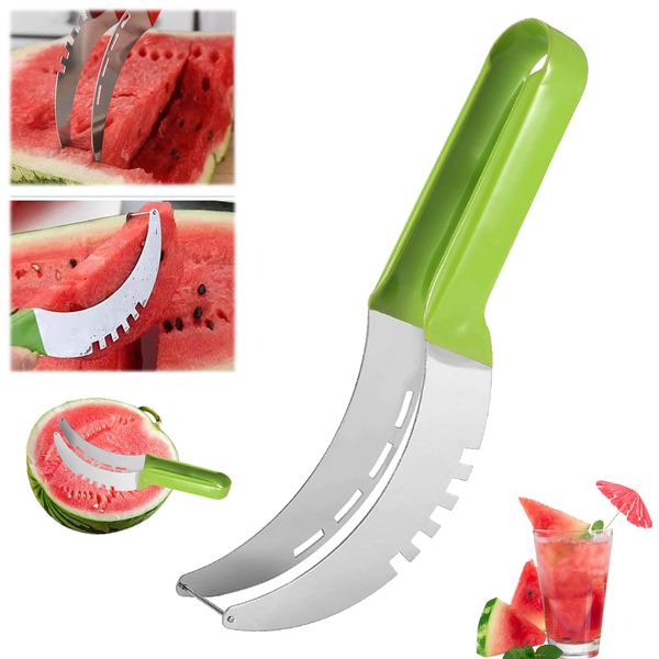 Watermelon Slicer Cutter - Stainless Steel Melon Cutter - Watermelon Cutter Slicer Tool - Watermelon Cutting Fork - Multifunctional Fruit Fork - for Cantaloupe Papaya Dragon Fruit Watermelon (Green)