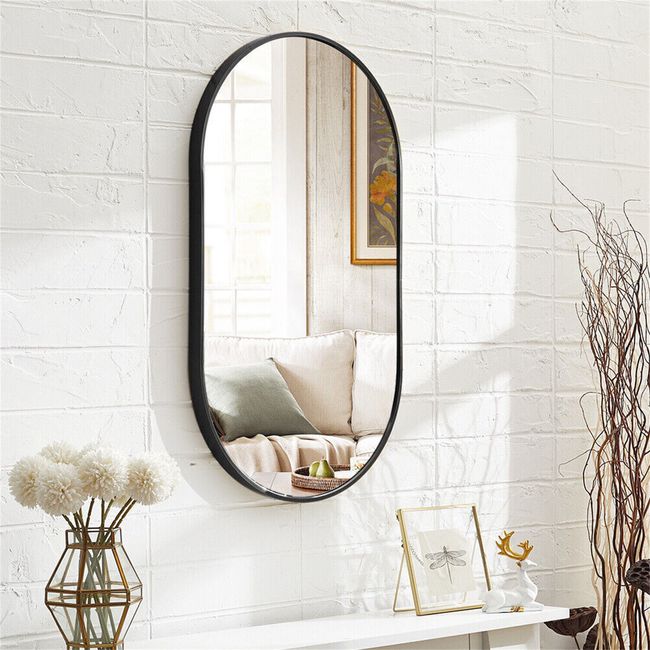 Modern Black Metal Framed Bathroom Mirror Wall Mounted Oval Makeup Mirror Decor