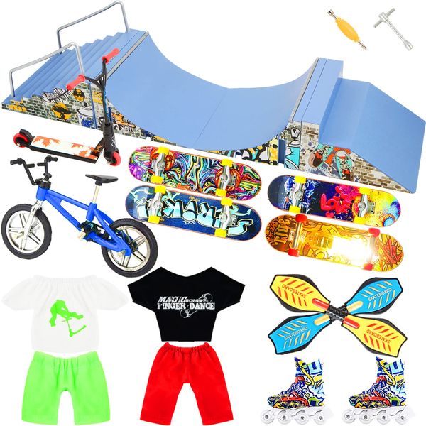 Aestheticism Half-Pipe Ramp Skate Park Kit, Bigger Fingerboard Ramps Set with 11 pcs Finger Toys Set Including Fingerboard, Bike, Scooters, Clothing & Big Non-Slip Mat