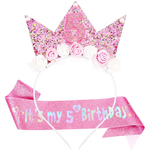 Vovii 5th Birthday Decorations for Girls, Birthday Girl Headband & Glitter Sash Set for 5 Year Old Girl Birthday Decorations, Birthday Flower Princess Crown Headband for Happy 5th Birthday Girl Outfit