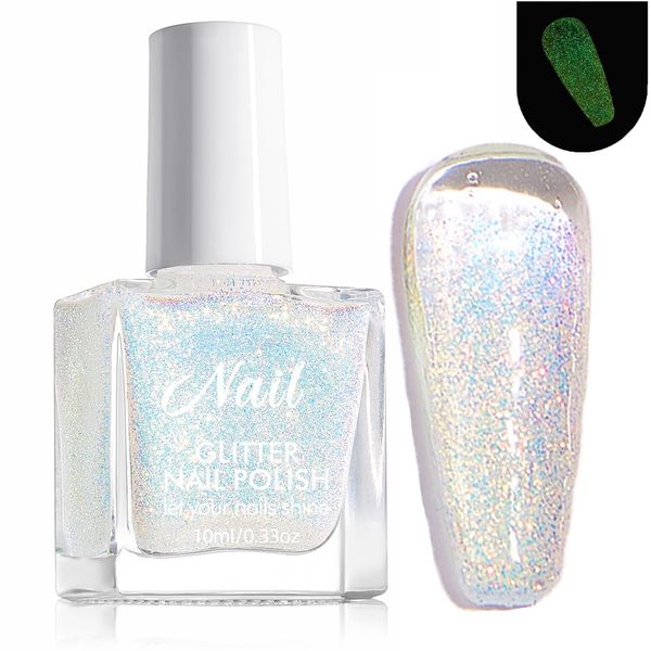 Glitter Nail Varnish, Shimmer Nail Polish Quick Dry Long Lasting, Sparkly Ice-Transparent Luminous Nail Polish, Nail Polish Gel No Need UV Nail Paint for DIY Nail Art Manicure at Home (White, 10ml)