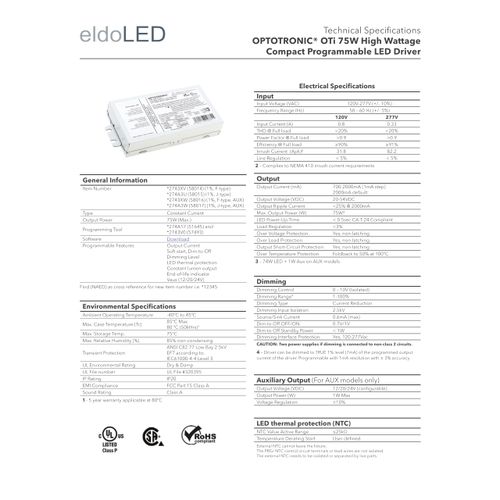 eldoLED | 2743XV OPTOTRONIC OTi 75W High Wattage Compact Programmable LED Driver | Replacement for 58014 Osram | OTi75W/120-277/2A0 DIM-1
