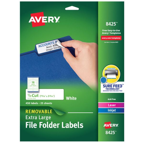 Avery Extra Large File Folder Labels, Removable Adhesive, Matte White, 15/16" x 3-7/16", 450 Labels (8425)