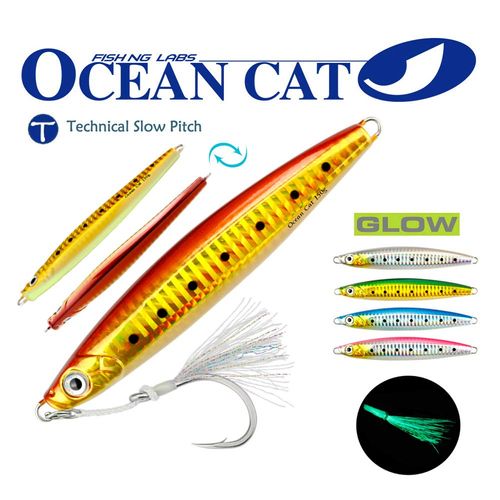 OCEAN CAT 1 PC Slow Fall Pitch Lead Metal Flat Fishing Jigs Lures Sinking Vertical Jigging Bait with Circle Hook for Saltwater Fishing (Red&Gold, 220g)