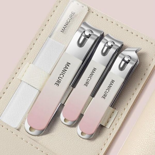 Nail clippers with straight blade, curved blade, and 4-piece nail file set. Sharp, for ingrown nails, hands and feet, nail clippers, comes with a high-quality leather storage bag, nail file, unisex, pink