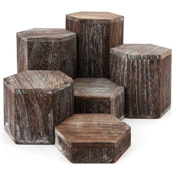 BELLE VOUS 6 Pack of Vintage Brown Wooden Hexagon Display Risers - Wood Showcase Stands for Shelves and Countertops - Step Plinths for Jewellery, Retail, Figures, Cupcakes and Desserts