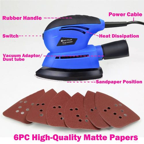 Detail Sander, 130W Compact Sander Machine 12000RPM, Electric Sander, 6 Sandpapers (2 x 80g, 2 x 120g, 2 x 240g), Wood Hand Sander, Dust Collection System for Tight Spaces Sanding in Home Decoration