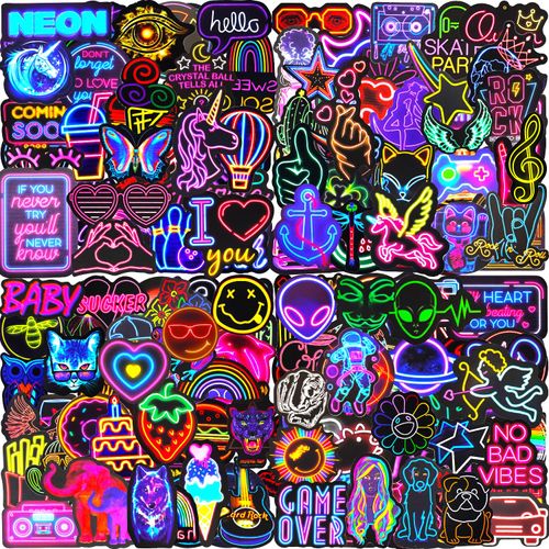 Stickers Pack of 200 Neon Sticker Set Waterproof Vinyl Sticker Decals Cool Graffiti Stickers for Laptop Skateboard Scrapbook Water Bottle MacBook iPad Mobile Phone Diary Cups Moped Bicycle Suitcase
