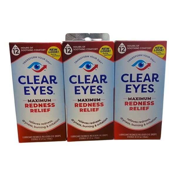 3pk Clear Eyes Maximum Relief Redness Dryness Eye Drop .5 fl oz ea Exp 12/25 New