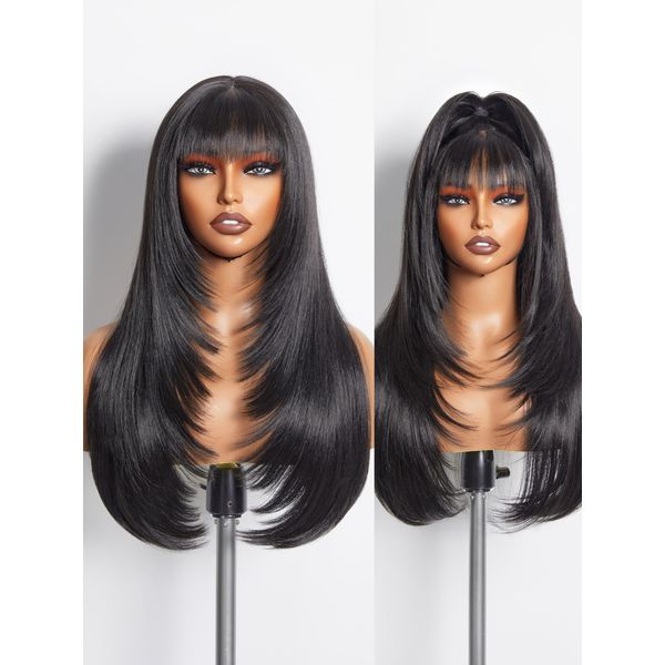 GORGIUS Natural Black Straight Layered Wigs with Bangs Glueless Wig 22 Inch Put On Go Wigs Crafted with Style-Archive™ Technology: Fiber & Remy Human Hair Blend with Natural Pre-Plucked Hairline