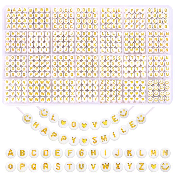 DIYDEC 1400pcs Gold Alphabet Beads, A-Z 7mm Acrylic White Round Spacer Letter Beads Kits Threading Beads for DIY Necklace Bracelet Jewelry Making